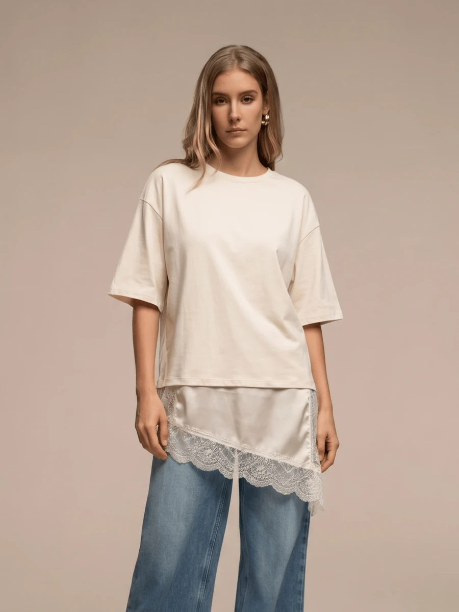 HZXVIC Camiseta recta de cuello redondo con dobladillo asimétrico y encaje de contraste para mujer - Beis - Ver 1