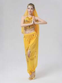 Belly Dance Costume: Gold Coin Spaghetti Strap Top + Harem Pants + Headscarf, Suitable For Performance, Halloween And Theme Parties (Multiple Colors Available) - Multicolor - View 22