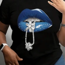 Women's Black T-Shirt With A Blue Lip And Diamond Chain Pattern Print, Casual Round Neck, Short Sleeves, Slightly Stretchy Fabric, Suitable For Summer, Casual Sporty Style - 黑色 - 查看 1