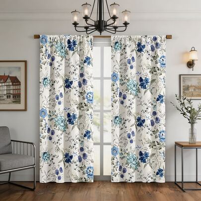 2 piezas Cortinas florales de acuarela refrescantes, fondo blanco con patrones de flores azules, diseño de bolsillo para barra, proporciona privacidad e instalación fácil, ideal para ventanas del hogar