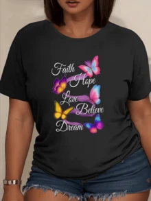 Colorful Butterflies Symbolizing Hope, Love, Faith, And Dreams, Joined By Inspiring Words That Convey Positive Energy And Confidence. Casual Women's T-Shirt With A Motivational And Cheerful Message. - 黑色 - 查看 1