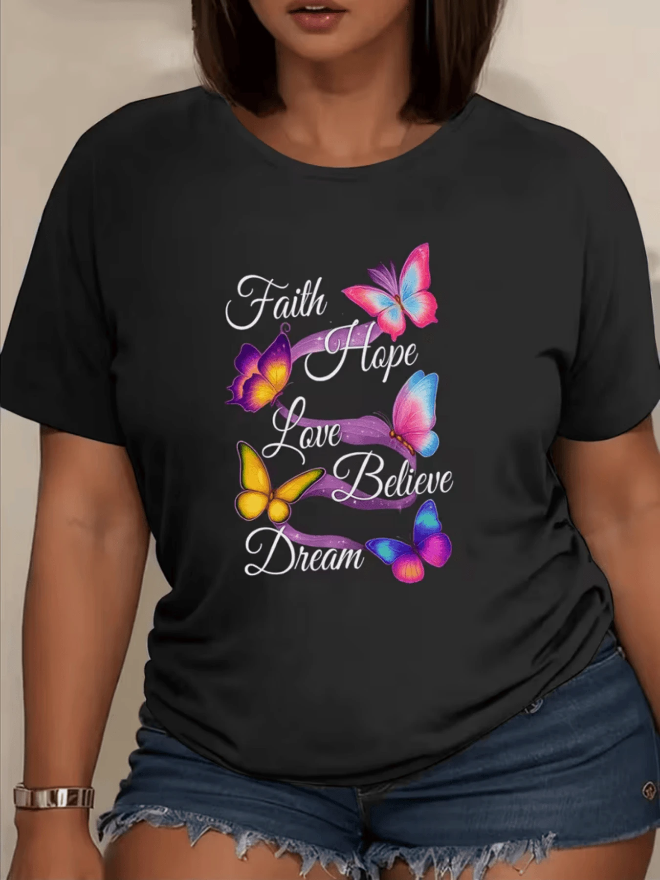 Colorful Butterflies Symbolizing Hope, Love, Faith, And Dreams, Joined By Inspiring Words That Convey Positive Energy And Confidence. Casual Women's T-Shirt With A Motivational And Cheerful Message. - 黑色 - 查看 1