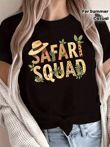 Beige Hat Among Green Leaves And Giraffe Print Lettering That Evokes Adventure And The Wild Spirit Of Nature; Comfortable Casual Women's T-Shirt For Summer - 黑色 - 查看 8