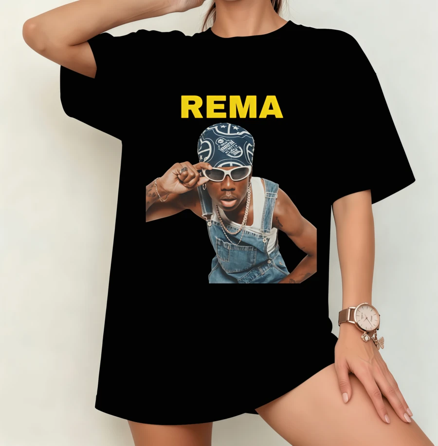 Rema Retro Portrait T-Shirt | Gender-Neutral Oversized Afrobeats Fan Shirt Black - Black - View 1