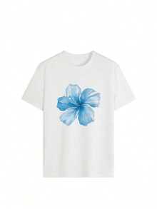 Large Blue Flower Symbolizing Freshness, Serenity, And Positive Energy, Evoking The Natural Beauty Of The Ocean And The Freedom Of Summer. Comfortable And Modern Casual Short-Sleeved T-Shirt For Women. - 白色 - 查看 8