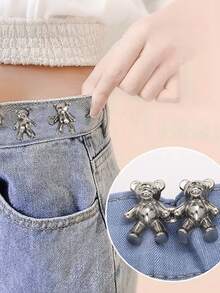1pc Gold Bear Adjustable Waist Belt Buckle - Clip-On Jeans Button, Metal Waist Belt Tightener, Seamless Instant Fit Clasp, Fashionable Detachable Pants Adjuster, Waist Elastic Tightening Snap - A - View 3