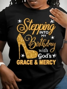 Bright Red Heel, Symbol Of Feminine Confidence, Birthday Celebration With Faith, Hope, Golden Glitter, Motivational Words, Divine Joy, Comfort And Positive Energy, Modern Casual Women's T-Shirt - 黑色 - 查看 1