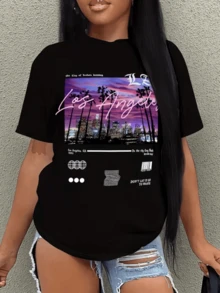 Sunset Cityscape With Palm Trees In Front Of Illuminated Skyscrapers Representing The Energy And Dreams Of The City Of Los Angeles. Women's Casual Modern Comfortable T-Shirt For Everyday Wear - 黑色 - 查看 8