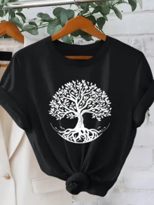 árbol de la vida con raíces extendidas simbolizando fuerza conexión y crecimiento espiritual camiseta de mujer moderna cómoda y versátil para uso diario - Negro - Ver 8