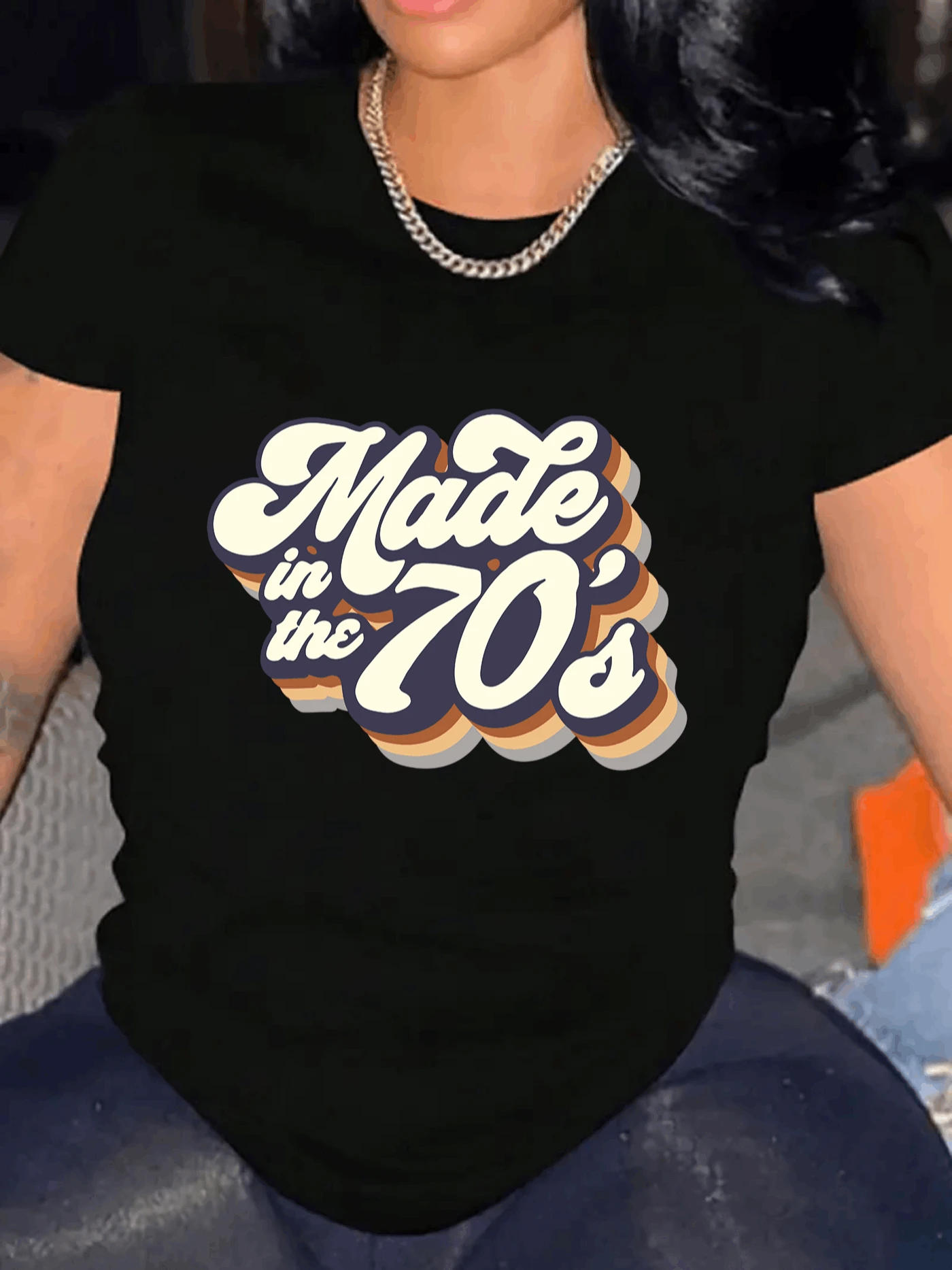 Womens TShirt Made In The 70's Comfortable Crew Neck Casual Cotton Blend ShortSleeves Soft Breathable Top Womenswear Tshirt Summer Spring Streetwear Fabric Letter Print - 黑色 - 查看 1