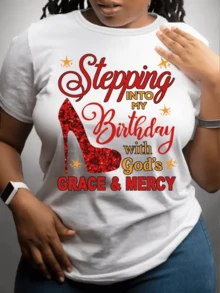 Bright Red Heel, Symbol Of Feminine Confidence, Birthday Celebration With Faith, Hope, Golden Glitter, Motivational Words, Divine Joy, Comfort And Positive Energy, Modern Casual Women's T-Shirt - 白色 - 查看 8