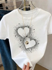 Two Hearts Formed By Small Dots And Surrounded By Sparkles Symbolize Eternal Union And Shared Energy With A Modern Romantic Touch. Women's Casual White T-Shirt With Elegant Artistic Print - 白色 - 查看 8