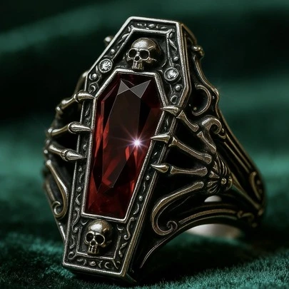 1pc Vintage Punk Style Skull Hand Tattoo Design Red Inlaid Personalized Ring, Suitable For Men's Daily Wear And Halloween Outfit