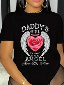 A Red Rose With Angel Wings Symbolizes Eternal Love And Spiritual Protection, Representing The Union Between Heaven And Pure Feelings. A Modern, Elegant, Casual Women's T-Shirt. - 黑色 - 查看 1