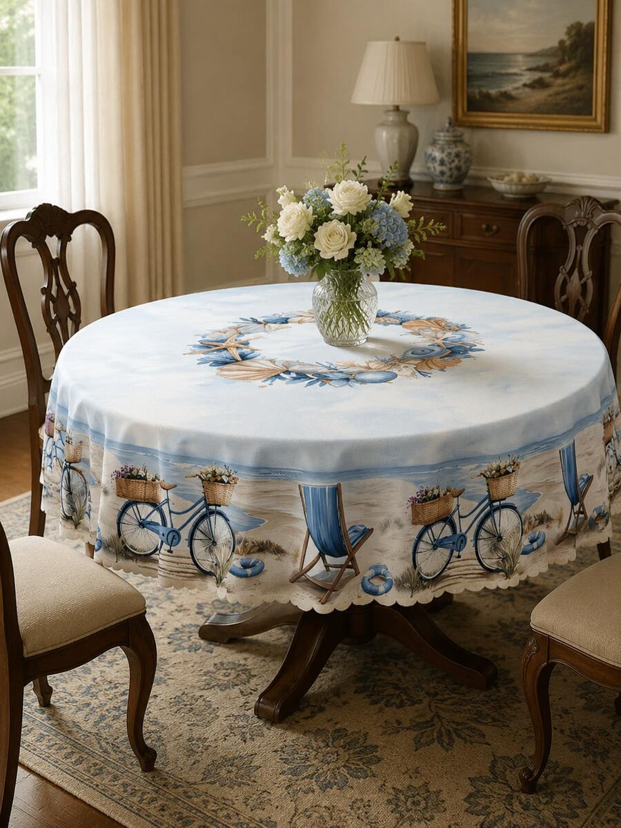 1pc Coastal Beach Print Polyester Tablecloth, Starfish Shell Bicycle Beach Chair Pattern, Round/Rectangular Optional, Wavy Edge Wrinkle-Resistant Waterproof, Suitable For Kitchen Dining Room, Outdoor Garden Patio, Vacation Party And All-Season Home Decor - Baby Blue - View 1