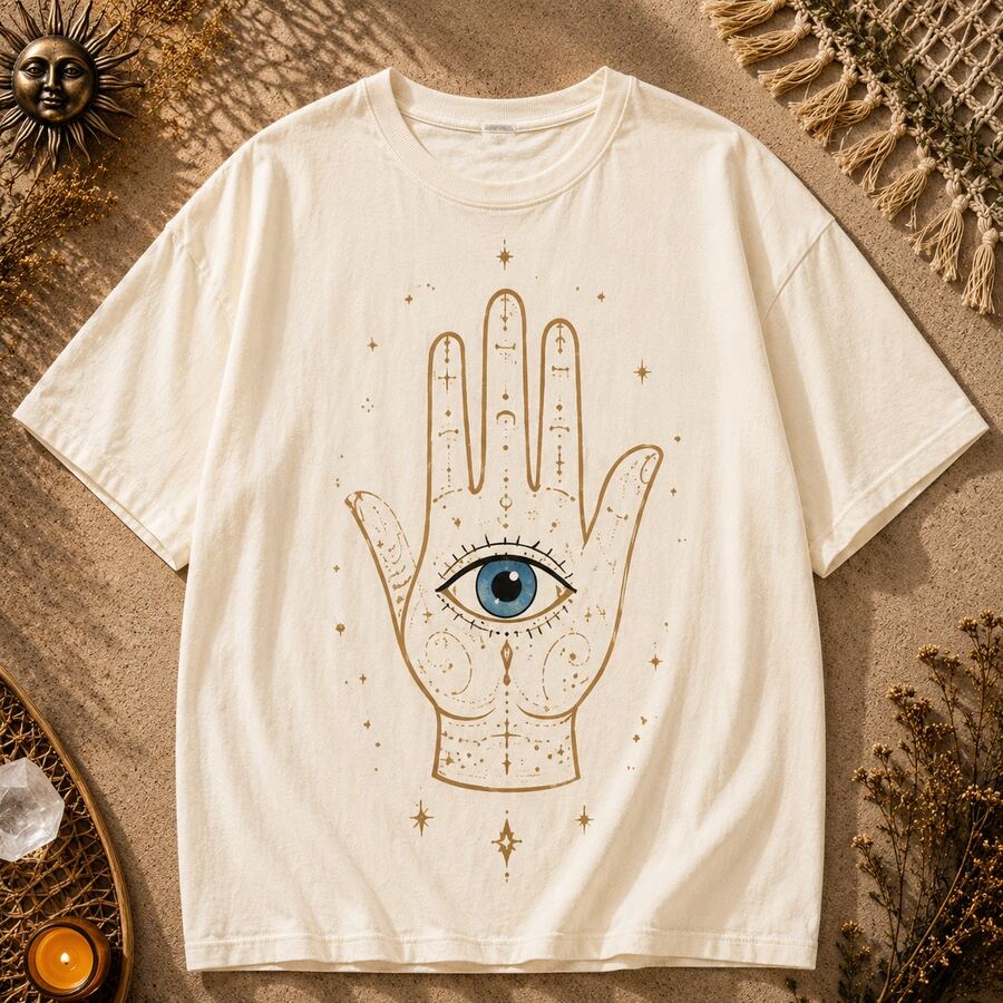 Camiseta informal de manga corta con cuello redondo para mujer, de poliéster, corte regular, con estampado gráfico de ojo y mano, elasticidad media para un estilo cotidiano. - Albaricoque - Ver 1