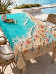 1 pieza Mantel de poliéster con estampado de playa oceánica, ola turquesa, estrella de mar, concha, patrón de coral, opcional redondo/rectangular, borde ondulado, resistente a las arrugas, impermeable, adecuado para cocina, comedor, jardín exterior, patio, fiesta de vacaciones y decoración del hogar de verano - Celeste - Ver 4