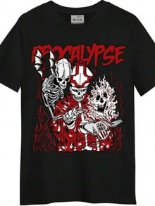 1 Camiseta Negra de Moda para Hombre, Cuello Redondo, Manga Corta, Tela Suave y Transpirable, Camiseta con Estampado de Esqueletos Apocalípticos con Llamas, Camiseta Casual Simple para el Verano, Regalos para Familiares y Amigos en Año Nuevo 2026 y Día de San Valentín, Camiseta Lavable a Máquina,  al por Mayor. Con un corte nítido y estilizado, esta prenda crea un aspecto limpio y vibrante cuando se lleva puesta.Su silueta holgada pero favorecedora se adapta a todo tipo de cuerpos, ofreciendo un estilo que es a la vez casual y con un toque de elegancia. - Negro - Ver 6