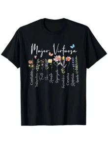 Colorful Flowers Accompanied By Inspiring Words That Extol Qualities Of Strength, Kindness, Confidence, Respect, And Creativity, With Soft Butterflies Symbolizing Inner Growth. Elegant, Casual, Comfortable Women's T-Shirt For Everyday Wear. - 黑色 - 查看 1