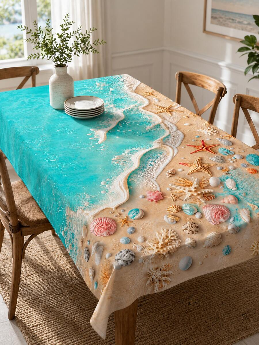 1 pieza Mantel de poliéster con estampado de playa oceánica, ola turquesa, estrella de mar, concha, patrón de coral, opcional redondo/rectangular, borde ondulado, resistente a las arrugas, impermeable, adecuado para cocina, comedor, jardín exterior, patio, fiesta de vacaciones y decoración del hogar de verano - Celeste - Ver 1