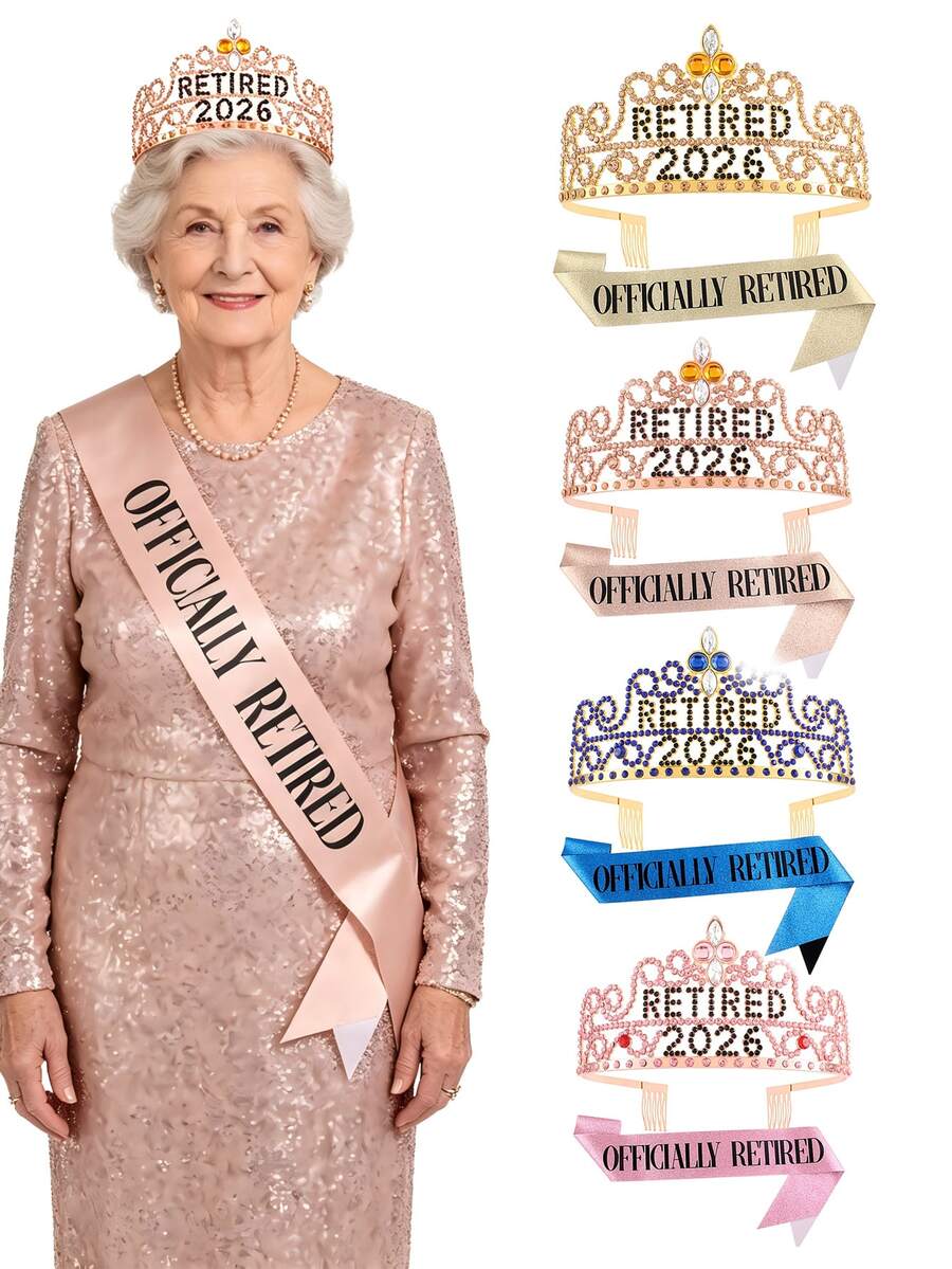 2pcs/Set 2026 Retirement Crown & Sash, "RETIRED" Rhinestone Crown For Retirement Party, Celebration Headpiece, Photo Prop, Decor For Retirement Party & Farewell Gathering - Multicolor - View 1