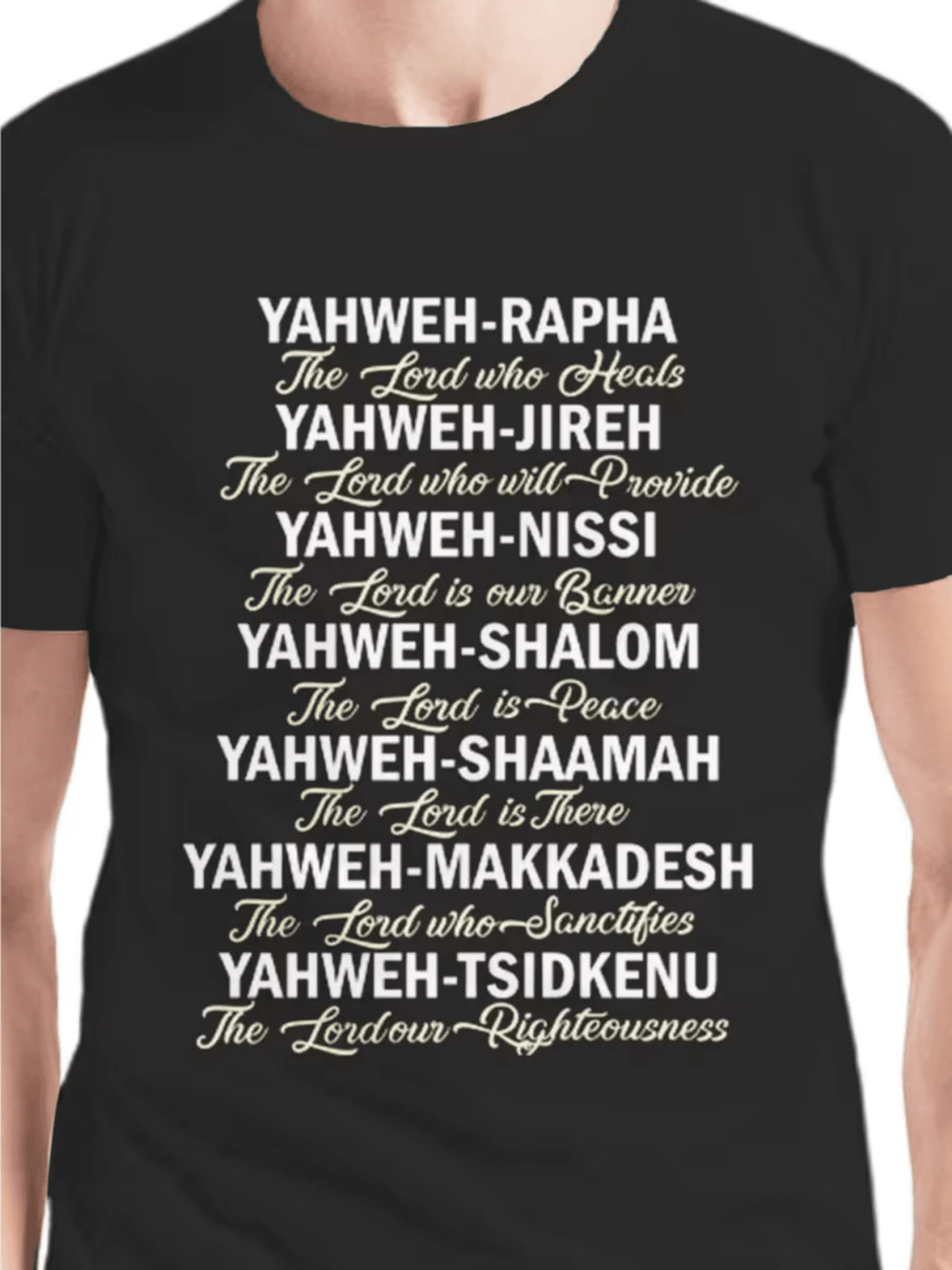 Sacred Phrases Representing Divine Names And Spiritual Virtues Such As Healing, Peace, Holiness, And Justice, With Highlighted Typography And An Inspirational Message, On A Modern And Comfortable Casual Women's T-Shirt. - 黑色 - 查看 1