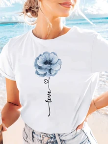 Camiseta Estética con Estampado de Flores y Amor, Manga Corta y Cuello Redondo, Top Casual para Verano y Primavera, Ropa de Mujer - [Blanco] - Ver 1