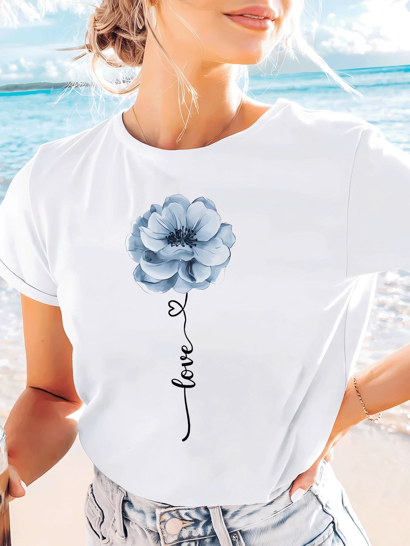 Camiseta Estética con Estampado de Flores y Amor, Manga Corta y Cuello Redondo, Top Casual para Verano y Primavera, Ropa de Mujer - [Blanco] - Ver 1