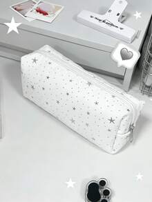 1pc White Star Canvas Pencil Case, Simple & Spacious Stationery Pouch For Girls - Multicolor - View 14