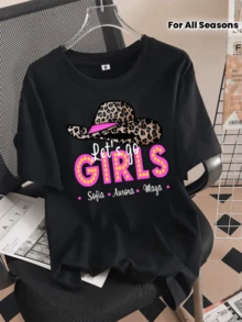 Cowboy Hat With Leopard Print And Motivational Phrase In Pink Tones That Celebrates Feminine Energy And Adventurous Spirit, Casual Women's T-Shirt For Going Out With Friends - 黑色 - 查看 8