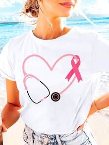 Breast Cancer Awareness Graphic Print T-Shirt With Doctor And Nurse Heart Design, Short Sleeve And Round Neck, Casual Top For Summer And Spring, Women's Clothing - 白色 - 查看 1