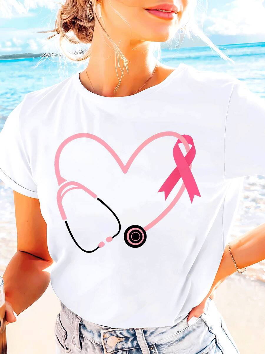 Breast Cancer Awareness Graphic Print T-Shirt With Doctor And Nurse Heart Design, Short Sleeve And Round Neck, Casual Top For Summer And Spring, Women's Clothing - 白色 - 查看 1