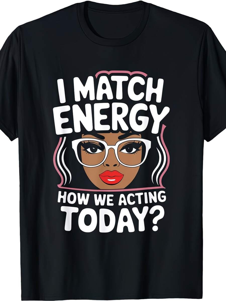 Tallas Grandes - Ropa de Mujer Tallas Grandes - Camiseta Negra con Estampado Divertido - Presenta el llamativo texto 'I MATCH ENERGY' y una animada cara de caricatura con cabello largo y ondulado y gafas de ojo de gato. Diseño brillante, perfecto para personas a la moda. - Negro - Ver 1