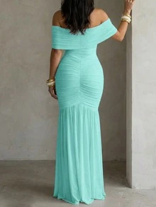 ChicMe Women's Off Shoulder Ruched Long Mermaid Hem Dress, Sleeveless Fitted Elegant Cocktail Party Dress - Mint Green - View 4