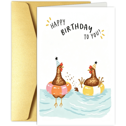 1pc Funny Chicken Birthday Card For Her - Cute Swimming Chickens With Party Hats & Pool Floats, "Happy Birthday To You!" Greeting Card, Humorous & Whimsical Summer Birthday Card For Friends, Family, Blank Inside