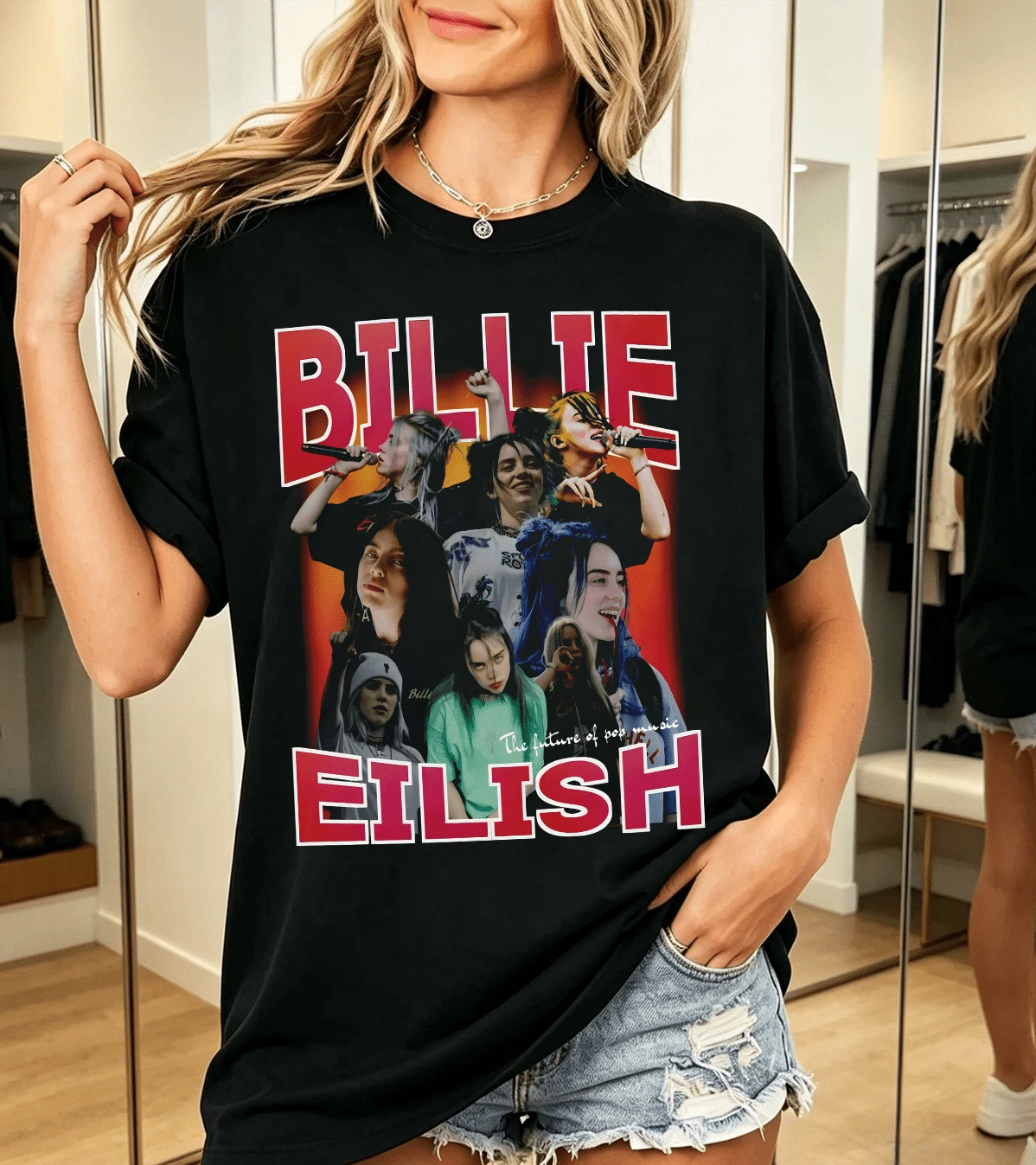 BILLIE EILISHSS, 100% Cotton, 2000s Style, T-Shirt For Fans - Black - View 1