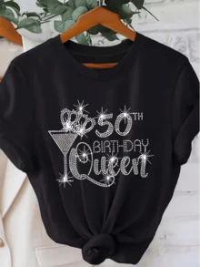 Sparkling T-Shirt With Festive Text Celebrating Female Empowerment And The Joy Of Turning Fifty With Elegance And Confidence. Modern Women's Birthday T-Shirt - 黑色 - 查看 8