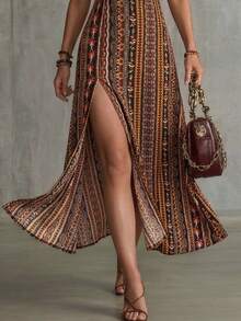 Vintage Print Camisole Dress, High Slit Design For Summer Beach Vacation Elegant Red - Red - View 5