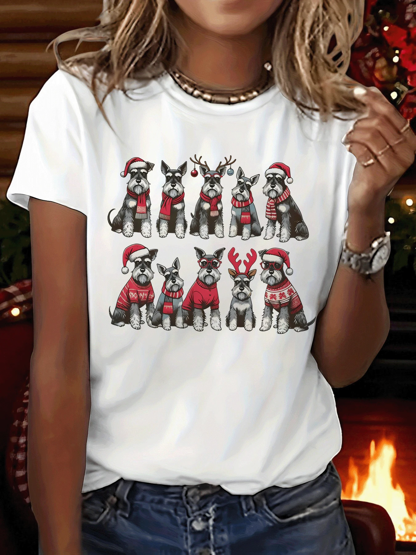 Camiseta de Navidad con Estampado de Familia de Perros Schnauzer, Manga Corta Estética y Cuello Redondo Casual para Todas las Estaciones, Ropa de Mujer - [Blanco] - Ver 1