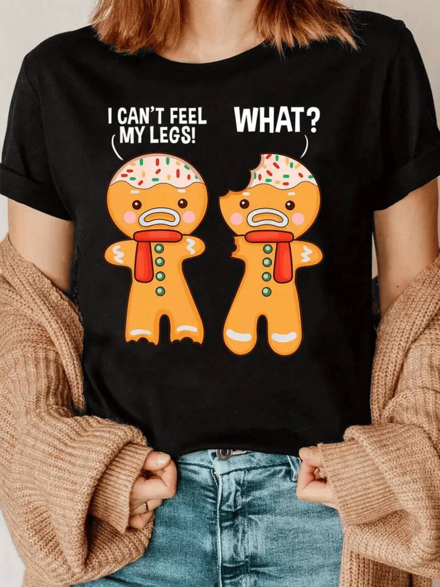 Two Gingerbread Cookies With Funny Expressions And A Humorous Text Highlighting A Touch Of Christmas Humor For Those Who Enjoy Irony And Creativity. Casual, Comfortable, And Modern Women's T-Shirt - 黑色 - 查看 1