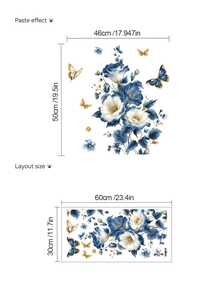 1 buah Stiker Dinding Motif Bunga Peony Ombre Putih & Biru, Semanggi, dan Kupu-kupu Emas, Dekorasi yang Dapat Dilepas untuk Kamar Tidur, Ruang Tamu - 1PC - View 6