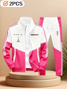 The All-Occasion Parisian Casual Sportswear Set - Casual Sport Jackets And Sport Pants, With Geometric Pattern Designs, For Fitness And Running. - 粉紅色 - 查看 1