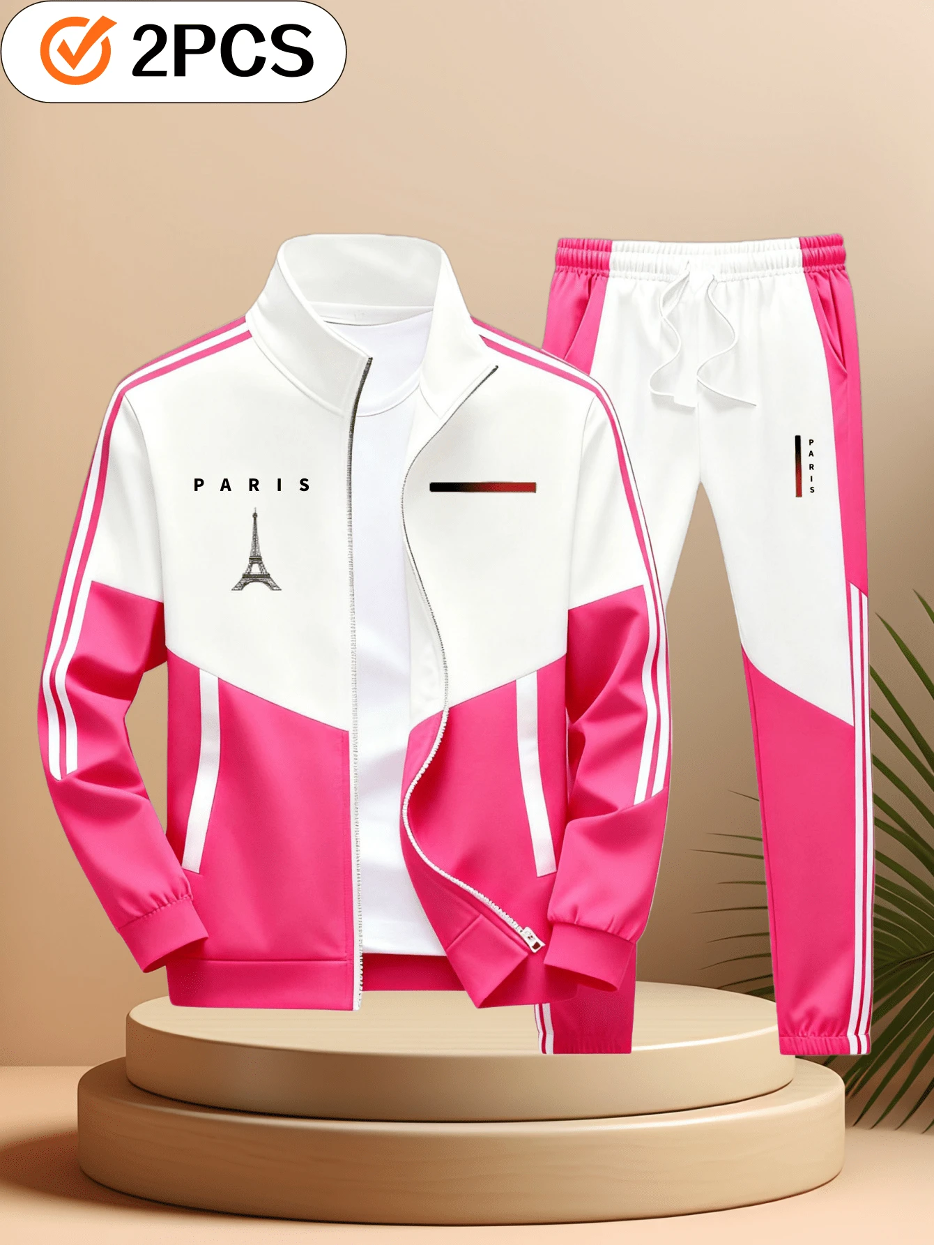 The All-Occasion Parisian Casual Sportswear Set - Casual Sport Jackets And Sport Pants, With Geometric Pattern Designs, For Fitness And Running. - 粉紅色 - 查看 1