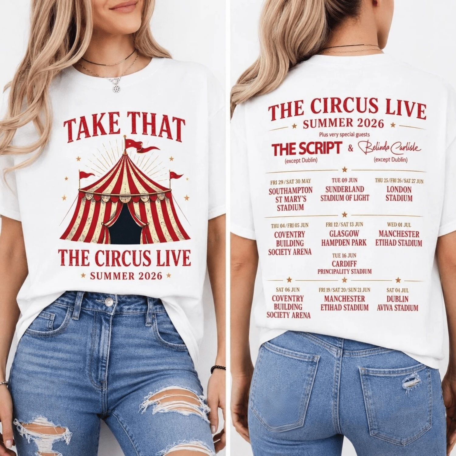 Take That Circus Live Summer 2026 Tour T-Shirt, Concert Tee - White - View 1