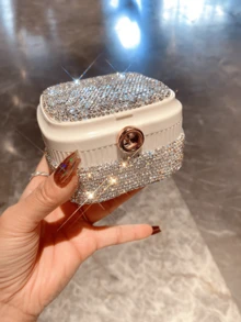 1pc Luxury Sparkling Rhinestone Jewelry Box, Makeup Lipstick Storage Box For Necklace Earrings Rings, Portable Travel Jewelry Case With Mirror, Elegant Gift For Girls And Women - Silver - View 2