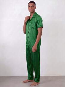 Snug League Two Pieces Sets Men's Pajamas With Open Button Top And Pants Set - Green - View 6