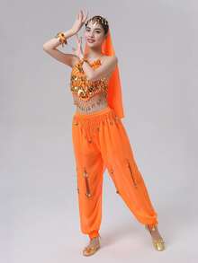 Belly Dance Costume: Gold Coin Spaghetti Strap Top + Harem Pants + Headscarf, Suitable For Performance, Halloween And Theme Parties (Multiple Colors Available) - Multicolor - View 16