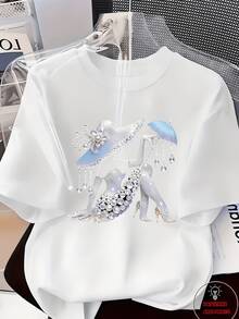Camiseta de Mujer con Adornos de Pedrería, Adecuada para Uso Diario - Suave y Transpirable, de Poliéster, Cuello Redondo, Manga Corta, Blusa Compatible para Atuendos Casuales y para Usar en Capas, Lavable a Máquina, Camiseta Antideslizante - Blanco - Ver 7