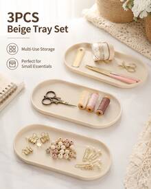 3pcs Beige 24cm Serving Tray Set, Smooth Raised Edge Decorative Trays For Home, Coffee Table & Daily Use - 3pcs - View 5
