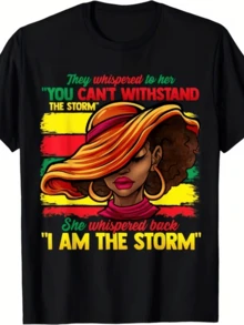 Figure Of A Woman With A Hat In Warm Colors And A Red, Yellow, And Green Background Symbolizing Strength, Confidence, And Cultural Pride With A Motivational Empowerment Phrase On A Modern Casual Women's T-Shirt - 黑色 - 查看 1